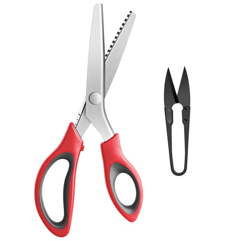 YAZEMKEL Pinking Shears Serrated,Comfort Grips Handled, Professional Dressmaking Sewing Craft Zig Zag Cut Scissors, Suitable for Many Kinds of Fabrics and Paper, 9 Inch Red - Image 1